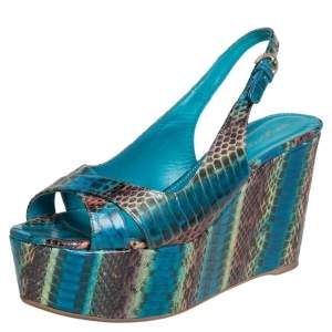 Pre Owned Sergio Rossi Multicolor Python Embossed Leather Platform Wedge Sandals Size 38