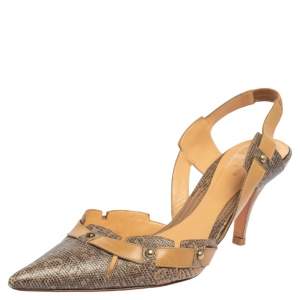 Pre Owned Sergio Rossi Beige/Grey Karung and Leather Trim Vintage Slingback Pointed Toe Pumps Size 41 