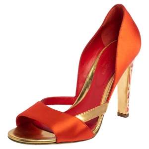 Pre Owned Sergio Rossi Orange/Gold Satin and Leather Open Toe Sandals Size 36.5