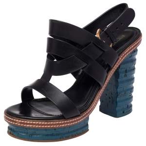 Pre Owned Sergio Rossi Black Leather Platform Cork Block Heel Slingback Sandals Size 37