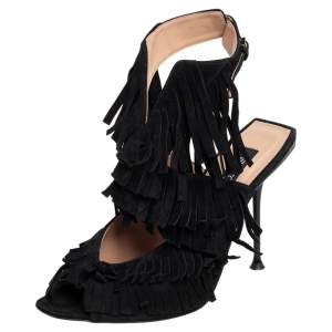 Pre Owned Sergio Rossi Black Suede Fringe Peep Toe Sandals Size 39