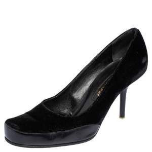 Sergio Rossi Black Velvet and Leather Square Toe Pumps Size 38.5 