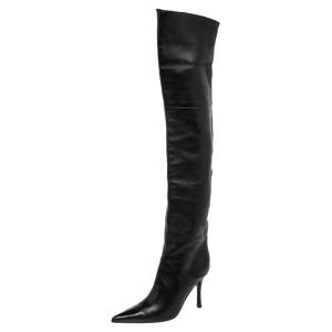 Pre Owned Sergio Rossi Black Leather Pointed Toe Thigh High Boots Size 37