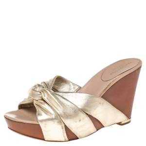 Pre Owned Sergio Rossi Metallic Gold Leather Wedge Slide Sandals Size 40