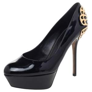 Sergio Rossi Black Patent Leather Butterfly Plaque Platform Pumps Size 37.5