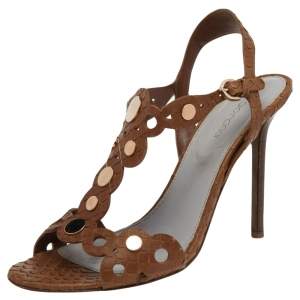 Pre Owned Sergio Rossi Brown Python Embossed Leather Studded Sandals Size  38