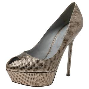 Pre Owned Sergio Rossi Gold Leather Peep Toe Pumps Size 38.5