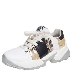 Pre Owned Sergio Rossi Tri Color Leather And Snakeskin Leather Low Top Sneakers Size 36