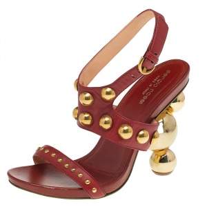 Sergio Rossi Red Leather Embellished Ankle Strap Sandals Size 37.5