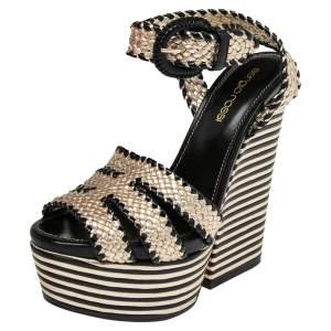 Sergio Rossi Gold/Black Leather Braided Ankle Strap Wedges Sandal Size 35