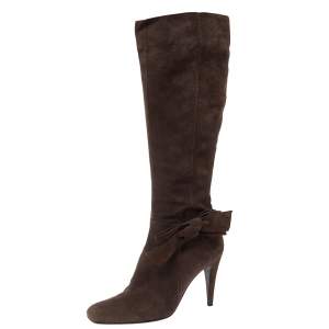Pre Owned Sergio Rossi Brown Suede Bow Knee High Boots Size 39