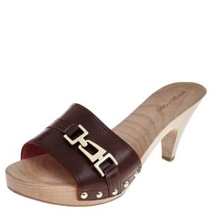 Pre Owned Sergio Rossi Brown Leather Wooden Slide Sandals Size 38