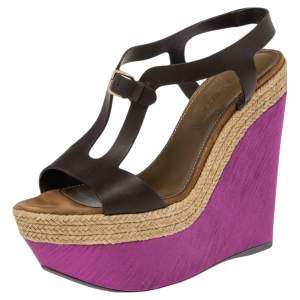 Sergio Rossi Brown/Pink Leather And Satin Ankle Strap Wedge Sandals Size 38