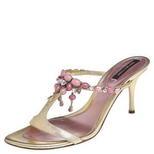 Sergio Rossi Gold Leather Crystal Embellished Sandals Size 39