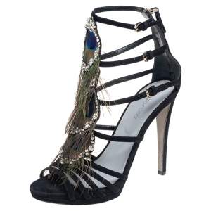 Sergio Rossi Black Suede Crystal And Peacock Embellished Platform Sandals Size 38