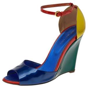 Pre Owned Sergio Rossi Multicolor Patent Leather Ankle Strap Wedge Sandals Size 39