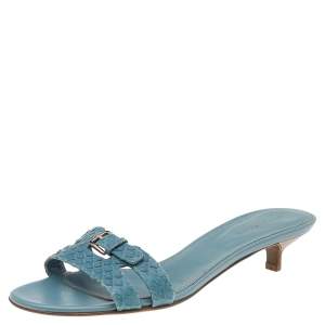 Sergio Rossi Blue Python Embossed Leather Buckle Detail Slide Sandals Size 38.5