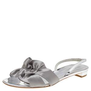 Pre Owned Sergio Rossi Grey/Silver Patent Leather And Satin Slingback Sandals Size 41