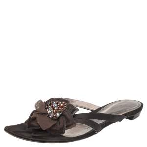 Pre Owned Sergio Rossi Brown Satin Floral Embellished Sandals Size 41