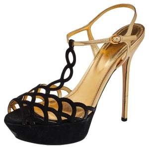 Pre Owned Sergio Rossi Black/Gold Suede And Leather Ankle Strap Platform Sandals Size 40