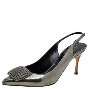 Pre Owned Sergio Rossi Metallic Grey Patent Leather Slingback Pumps Size 37.5