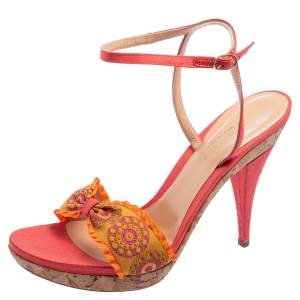 Pre Owned Sergio Rossi Orange Embroidered Fabric Ankle-Strap Sandals Size 41 