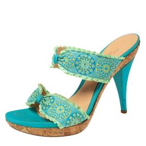 Pre Owned Sergio Rossi Blue/Green Embroidered Fabric and Pleated Trim Double Bow Slide Sandals Size 41 
