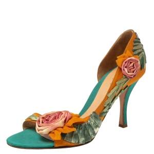 Pre Owned Sergio Rossi Orange Satin Floral Applique D'orsay Sandals Size 41