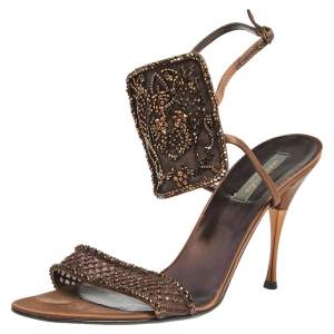 Sergio Rossi Brown Satin Embellished Ankle Strap Sandals Size 42
