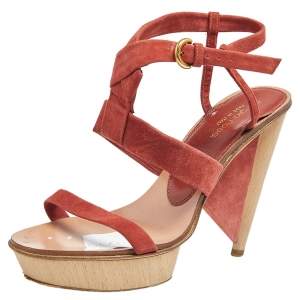 Sergio Rossi Berry Red Suede Ankle-Strap Platform Sandals Size 37.5