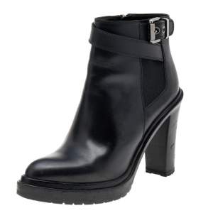 Pre Owned Sergio Rossi Black Leather Ankle Length Boots Size 37.5