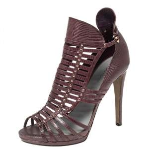 Sergio Rossi Burgundy Lizard Embossed Leather Cage Ankle Boots Size 39.5