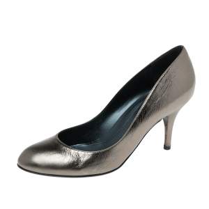Sergio Rossi Metallic Grey Patent Leather Round-Toe Pumps Size 37.5