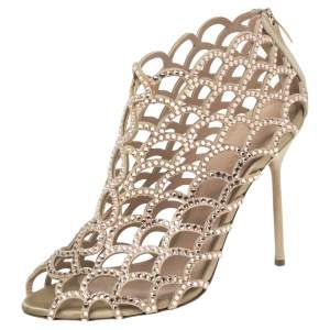 Pre Owned Sergio Rossi Beige Crystal Embellished Scalloped Suede Peep Toe Caged Booties Size 39
