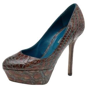 Pre Owned Sergio Rossi Brown Croc Embossed Leather Platform Pumps Size 35