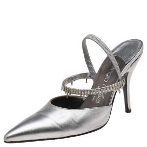 Pre Owned Sergio Rossi Silver Leather Embellished Strap Mules Size 35