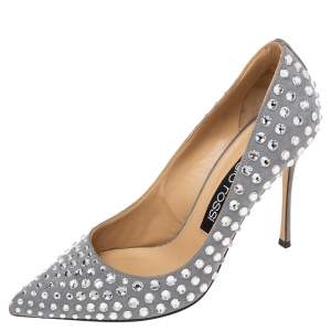 Pre Owned Sergio Rossi Grey Suede Crystal Embellished Pointed Toe Pumps Size 38