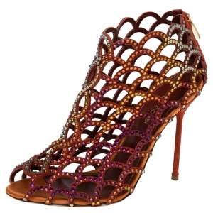 Pre Owned Sergio Rossi Multicolor Suede Crystal Embellished Peep Toe Caged Booties Size 38