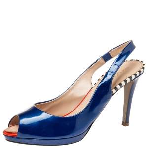 Pre Owned Sergio Rossi Blue Patent Leather Slingback Peep Toe Platform Sandals Size 38