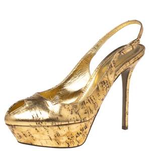 Pre Owned Sergio Rossi Gold Leather Cachet Peep-Toe Platform Slingback Pumps Size 38.5