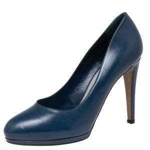 Pre Owned Sergio Rossi Blue Leather Round Toe Pumps Size 38