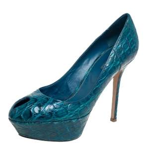 Pre Owned Sergio Rossi Blue Alligator Leather Peep Toe Platform Pumps Size 38