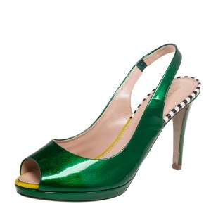 Pre Owned Sergio Rossi Green Patent Leather Peep-Toe Platform Slingback Pumps Size 38