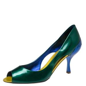 Pre Owned Sergio Rossi Green/Blue Patent Leather Peep Toe Pumps Size 38
