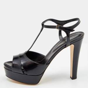 Pre Owned Sergio Rossi Black Patent Leather Ankle Strap Platform Sandals Size 40