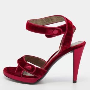 Pre Owned Sergio Rossi Red Velvet Ankle Strap Sandals Size 37