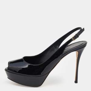 Sergio Rossi Black Patent Leather Peep Toe Platform Ankle Strap Sandals Size 38.5