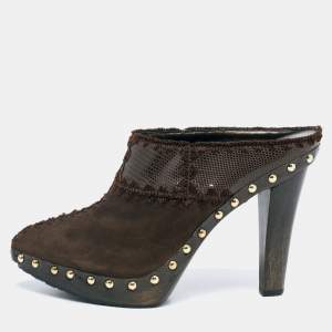 Sergio Rossi Brown Lizard Embossed Leather and Suede Studded Platform Mules Size 38
