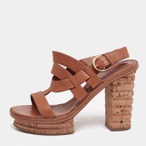 Pre Owned Sergio Rossi Brown Leather Cork Heel Platform Sandals 38.5