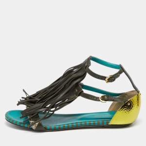 Pre Owned Sergio Rossi Multicolor Snakeskin and Leather Fringe Detail Ankle-Strap Flat Sandals Size 38